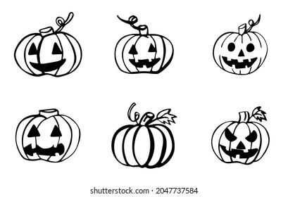 Scary and cute Halloween pumpkins set of 6 hand drawn doodle. Vector elements for invitations, calender, organizer, cards, banners, posters, mug, scrapbooking, pillow cases, baby stuff design. 