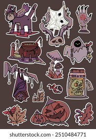 Coleção de adesivos de Halloween assustador bonito. ilustração de vetor desenhado à mão conjunto com abóboras, fantasma, teia de aranha, gato preto. Adesivos simbólicos do dia das bruxas.