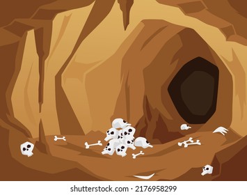 Scary and dangerous stone or sand cave with skulls and bones, cartoon flat vector illustration. Abandoned cave tunnel or mine. Dangerous sandy cave with skulls on the ground.