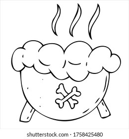 caldero de bruja peligrosa espeluznante, poción elaborada, veneno, brujería, elemento decorativo vectorial para la celebración de halloween en estilo doodle, contorno negro
