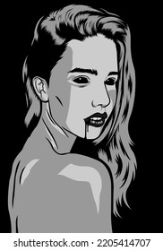 Scary Dark Bloody Lips Woman Portrait Vector Illustration Design Perfect for Poster