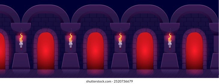 Temible mazmorra oscura del mal. Arquitectura medieval. Castillo vacío abandonado con antorchas en llamas, puertas arqueadas con luz roja. Una guarida de demonios. Magia. Antecedentes del juego. Ilustración vectorial.