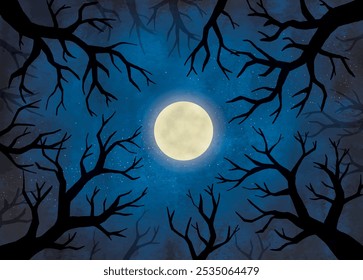 Scary dark forest and full moon landscape watercolor