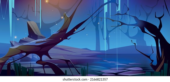 Scary dark forest at night. Halloween background with spooky woods. Vector cartoon illustration of creepy deep forest landscape with tree trunks, grass and stones