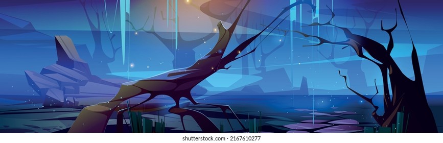 Scary dark forest at night. Halloween background with spooky woods. Vector cartoon illustration of creepy deep forest landscape with tree trunks, grass and stones
