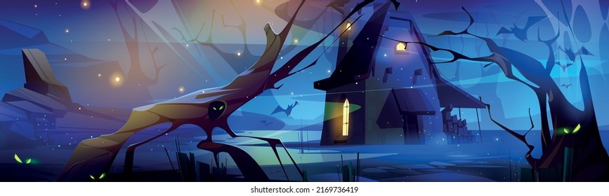 Scary dark forest at night. Halloween background with spooky woods. Vector cartoon illustration of creepy deep forest landscape with tree trunks, grass and stones
