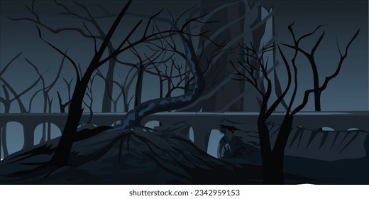 Scary dark forest at night. Halloween background with spooky woods. Vector cartoon illustration of creepy deep forest landscape with tree trunks, bridge