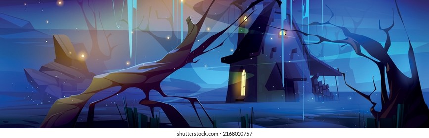Scary dark forest with witch house at night. Halloween background with creepy hut in misty woods. Vector cartoon illustration of gloomy forest landscape with dead tree trunks and cottage