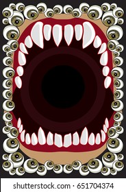 Scary dark frame with eyeballs and teeth. Wide Open Mouth.