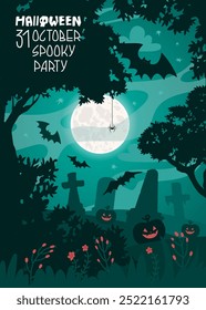 Scary dark poster for Halloween party on October 31. Pumpkins and bats on a cemetery on a moonlit night. Vector illustration for a congratulatory banner.