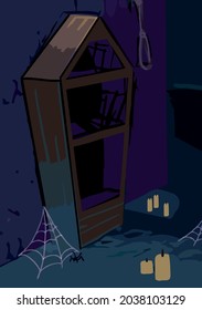 Aterrador interior de vampiros oscuros con velas y ataúd para la fiesta de halloween en vector