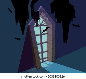 Scary dark vampire interior with window and bats for halloween party in vector