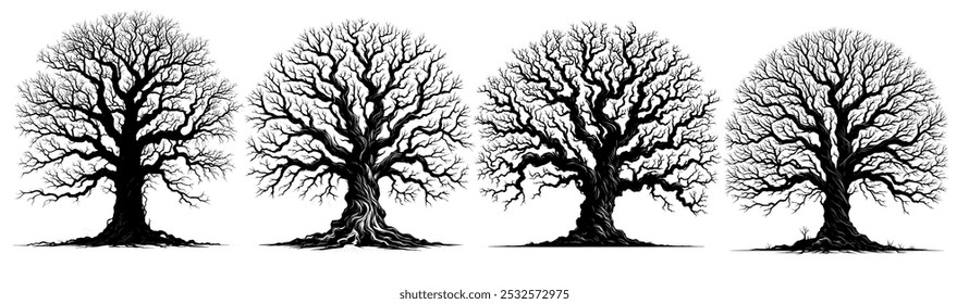 scary dead detailed vector silhouette trees set on white background. realistic detailed trees set reflecting horror, spooky, death, pollution, winter, desert etc. design element for web, app, ui etc. 