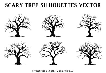Scary Dead Tree Black Silhouettes Illustrationssatz, Halloween Baum Vektorpaket