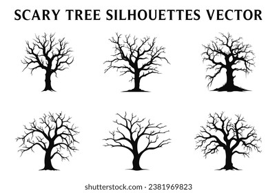 Scary Dead Tree black Silhouettes illustration Set, Halloween tree vector Bundle