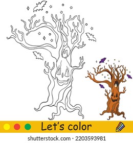 Scary dead tree  Halloween concept  Coloring book page for children and colorful template  Vector cartoon illustration  For print  preschool education   game
