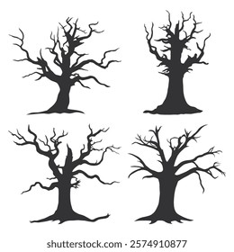 Scary Dead Tree Silhouette. Creepy Dead Tree Element. Black Dead Tree Silhouette.