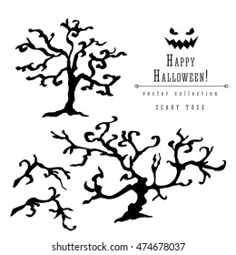 Scary dead trees silhouette vector halloween decoration set with branches. Brush pen ink illustration for halloween design.