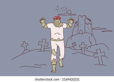 Scary dead walking through cemetery. going scaring terrifying city. Flat vector illustration. 