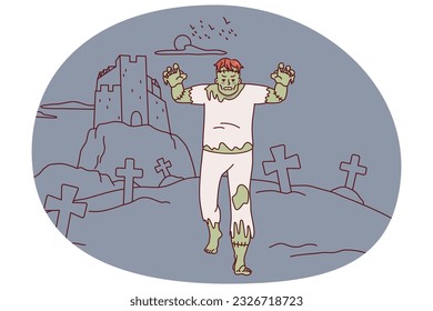 Gruselige Tote, die durch den Friedhof gehen. Frankenstein wird eine furchteinflößende Stadt. Flache Vektorgrafik.