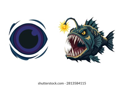 Scary deep sea monster vector set showing a glowing anglerfish and mysterious dark creature eye illustration.
