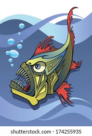 Scary deep-water fish, an angler, with ocean background, vector illustration