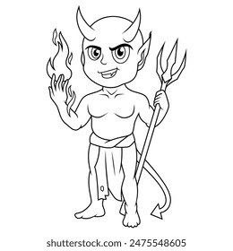 scary demon cartoon standing with pitchforks and fireballs line art