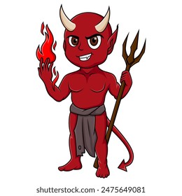 scary demon cartoon standing with pitchforks and fireballs