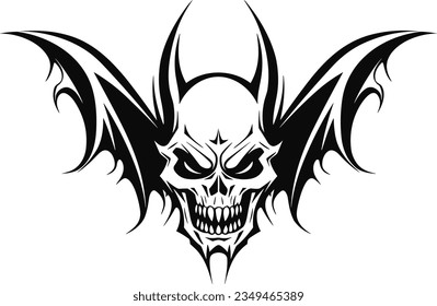 A Scary demon head with bat wings in a vintage style of illustration