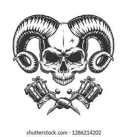 Scary demon skull without jaw with crossed tattoo machines in vintage monochrome style isolated vector illustration