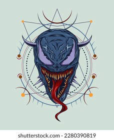 scary demonic face with gloomy eyes open mouth with sharp teeth creepy head vector illustration