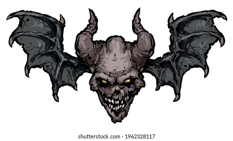 a scary demonic skull head with horns and wings