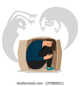 Scary depressed monsters and sad girl vector illustration. Character imagination, frightened childhood