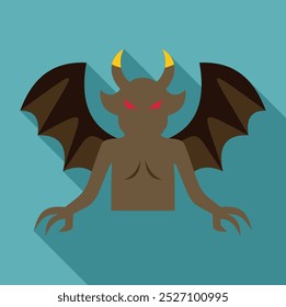 Scary devil character spreading its wings with sharp claws in flat design with long shadow on turquoise background