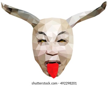 A scary devil face with a pair of horn sticking out his tongue for Halloween,  low poly vector illustration.