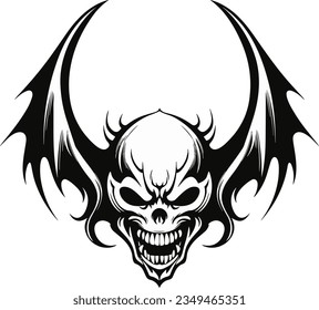 A Scary devil head with dragon wings in a vintage style mascot of illustration