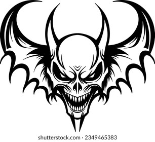 A Scary devil head with wings in a vintage style of illustration