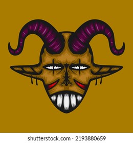 scary devil illustration with purple horns and long ears. dark, brown and yellow. handrawn, mascot, scary, colors and details style. suitable for logo, sports, t shirt, clothing and sign