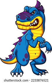 Scary dinosaur character with hunter of illustration