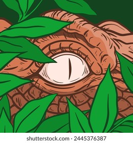 A scary dinosaur or reptile looks out from the jungle thicket. Prehistoric animal. Vector art illustration drawing