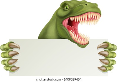 A scary dinosaur T Rex cartoon character holding a sign with space for your copy 