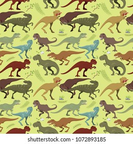 Scary dinosaurs vector tyrannosaurus seamless pattern background t-rex danger creature force wild jurassic predator prehistoric extinct illustration