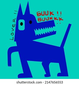 Scary dog with big teeth cartoon ethnic, decorative, primitive character, icon, animal vector illustration.