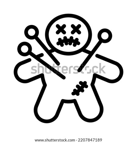 Scary doll icon. Outline design. Voodoo Doll isolated on white background. Holiday event halloween. Vector Illustration.