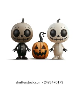 Scary dolls and pumpkin, 3D. Realistic images of Halloween characters. For celebration and advertising decoration. Vector