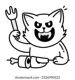 A scary doodle icon of a hungry cat holding a fork

