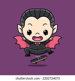 SCARY DRACULA IS JUMPING ON A SKATE BOARD CARTOON ILLUSTRATION