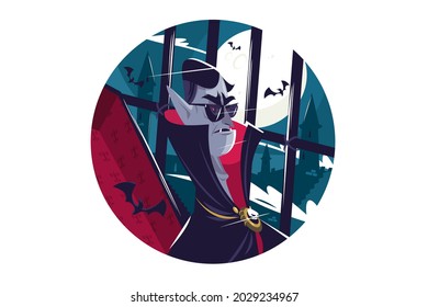 Aterradora ilustración del vector dracula vampiro. Carácter de horror inmortal colocado en forma plana circular. Luna llena y murciélagos. Feliz concepto de halloween. Aislado sobre fondo blanco