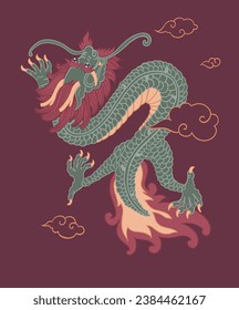 Scary dragon beast with muzzle and facial expression, claws and tail. Folklore reptilian creature from Chinese mythology and tradition. Monster with clouds designs. Vector in flat style illustration