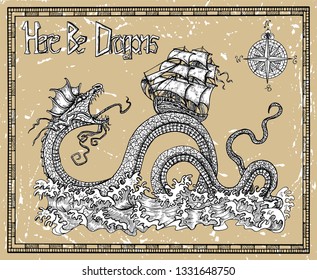 Scary dragon and ship with compass, sea waves and title Here Be Dragons. Vector sketch of tattoo fantasy concept and t-shirt design. Graphic line art illustration